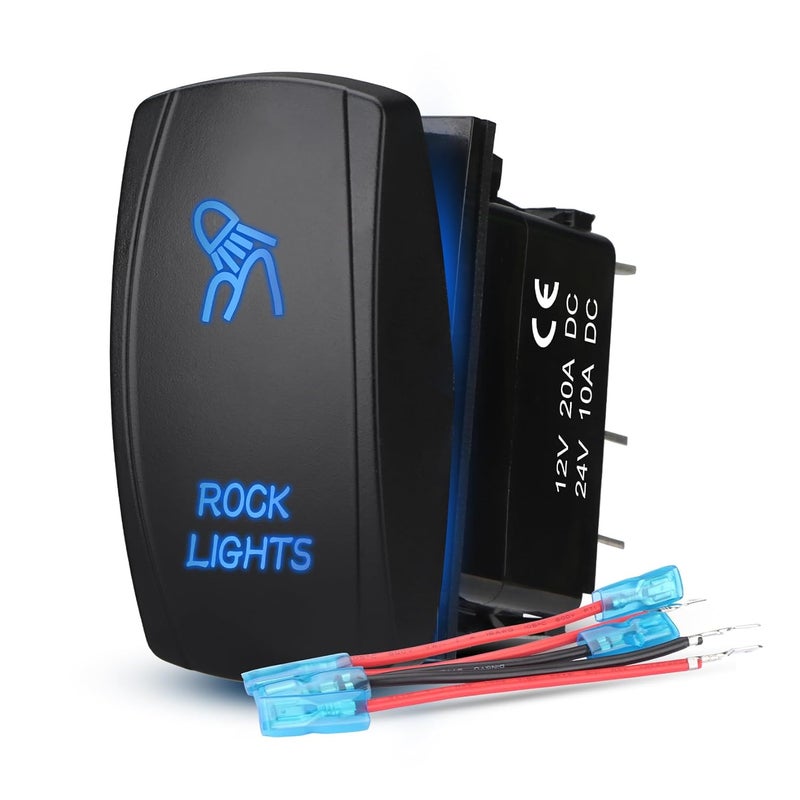 Weasch LED Rock Light Rocker Switch, Laser On/Off SPST 5Pin Waterproof, 20A/12V 10A/24V, with Jumper Wires for Cars Trucks RVs Boat ATV UTV RZR, Blue - Image 1